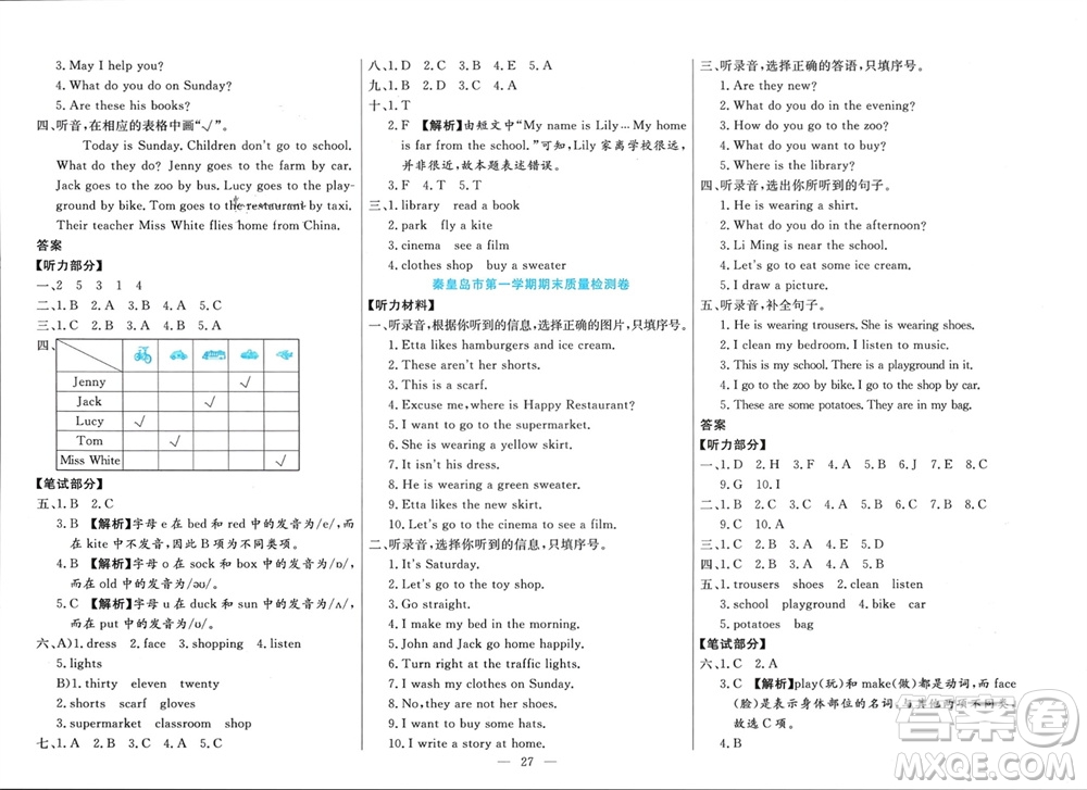 新疆文化出版社2023年秋龍門期末卷四年級英語上冊通用版參考答案