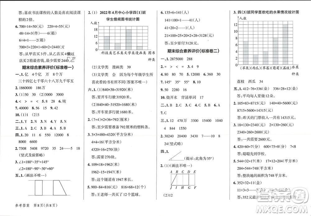 陜西師范大學出版總社有限公司2023年秋小學學霸單元期末標準卷四年級數(shù)學上冊人教版參考答案