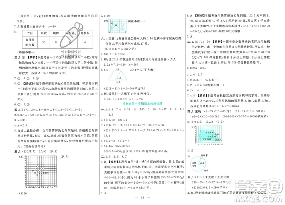 新疆文化出版社2023年秋龍門期末卷五年級數學上冊通用版參考答案