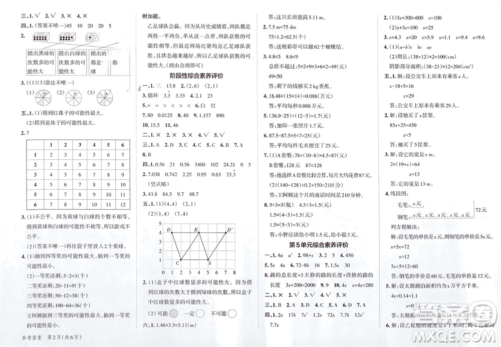 陜西師范大學(xué)出版總社有限公司2023年秋小學(xué)學(xué)霸單元期末標(biāo)準(zhǔn)卷五年級數(shù)學(xué)上冊人教版參考答案