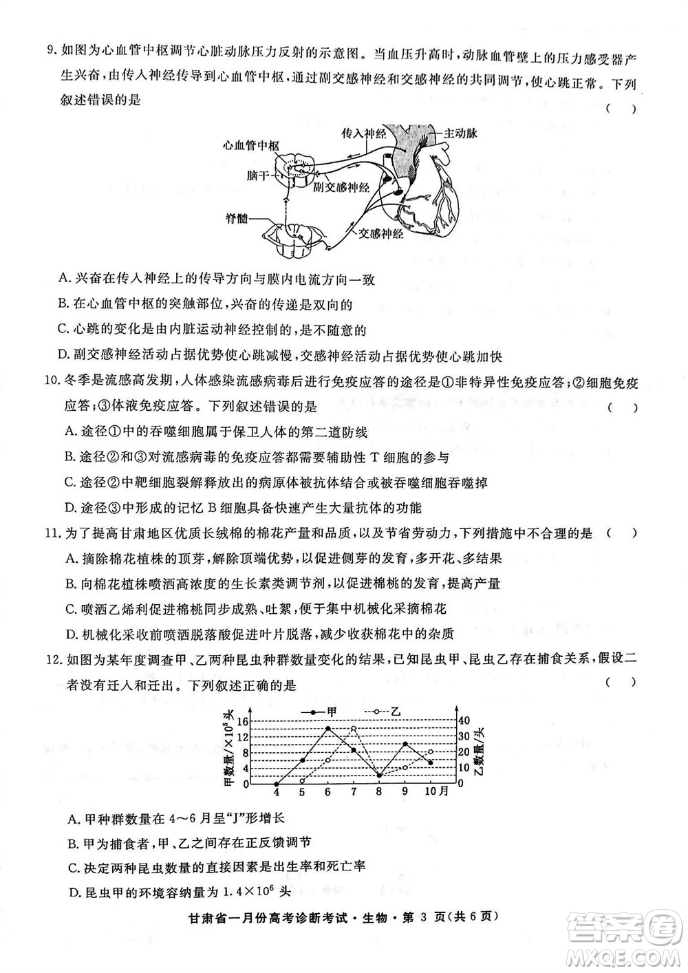 甘肅省2024屆高三上學(xué)期1月高考診斷考試生物參考答案