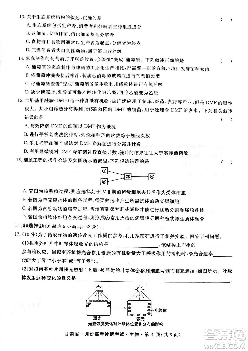 甘肅省2024屆高三上學(xué)期1月高考診斷考試生物參考答案