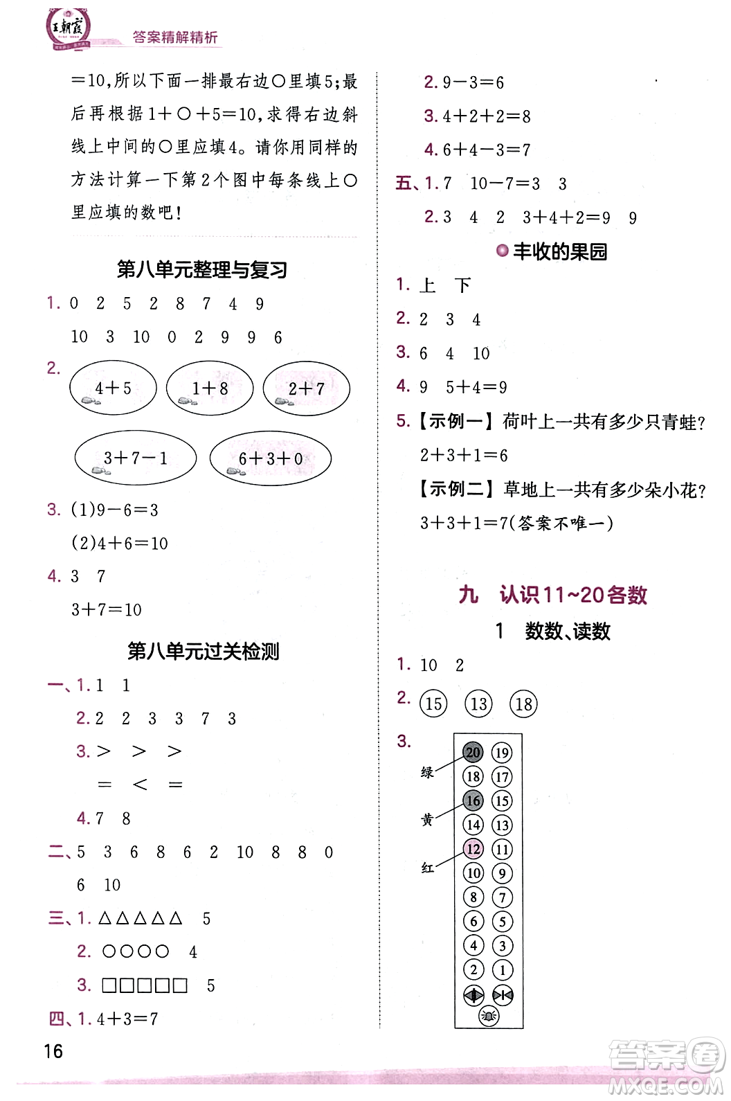 江西人民出版社2023年秋王朝霞創(chuàng)維新課堂一年級(jí)數(shù)學(xué)上冊(cè)蘇教版答案