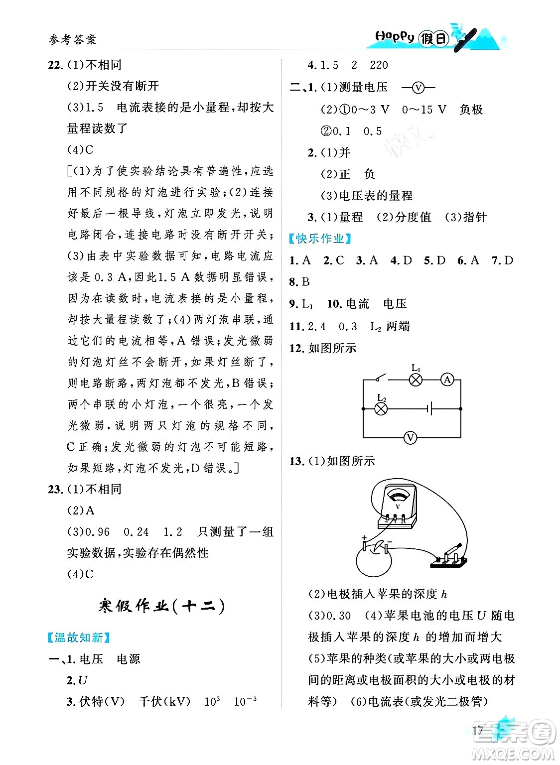 黑龍江少年兒童出版社2024Happy假日寒假九年級物理人教版答案