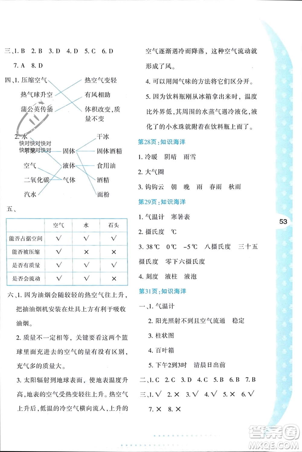 陜西人民教育出版社2024寒假作業(yè)與生活三年級科學教科版參考答案