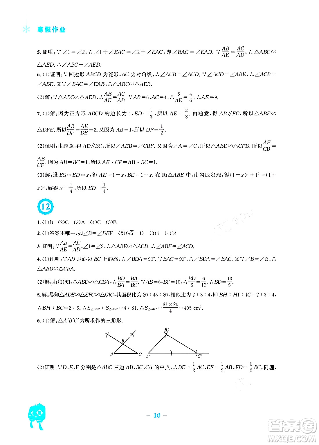 安徽教育出版社2024寒假作業(yè)九年級(jí)數(shù)學(xué)北師大版答案