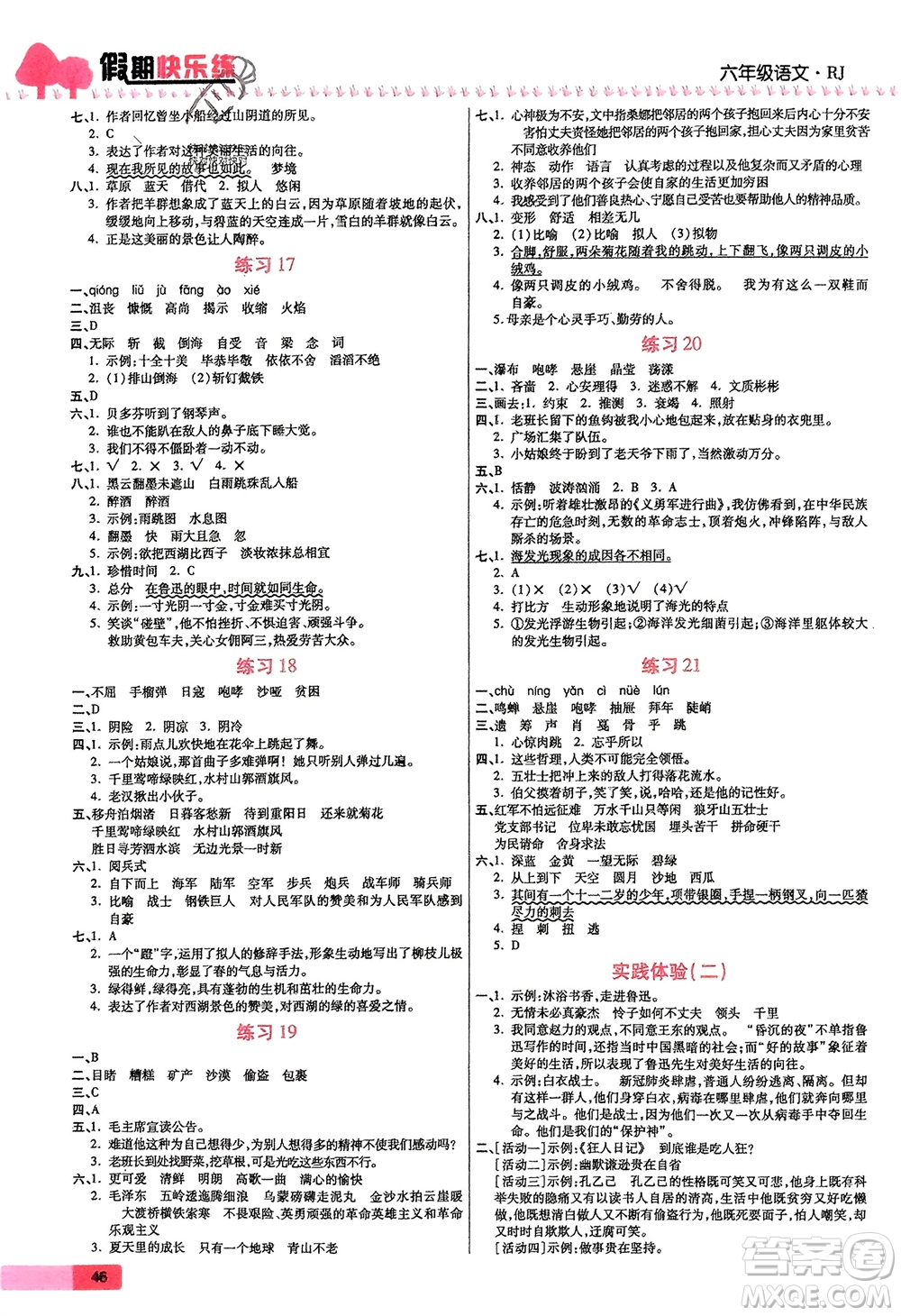 天津科學(xué)技術(shù)出版社2024假期快樂練語文寒假作業(yè)六年級(jí)人教版參考答案