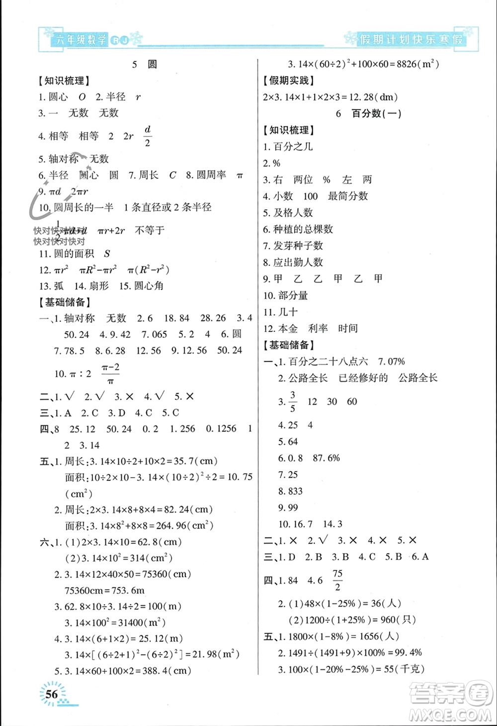 新疆文化出版社2024快樂寒假假期計(jì)劃六年級數(shù)學(xué)人教版參考答案