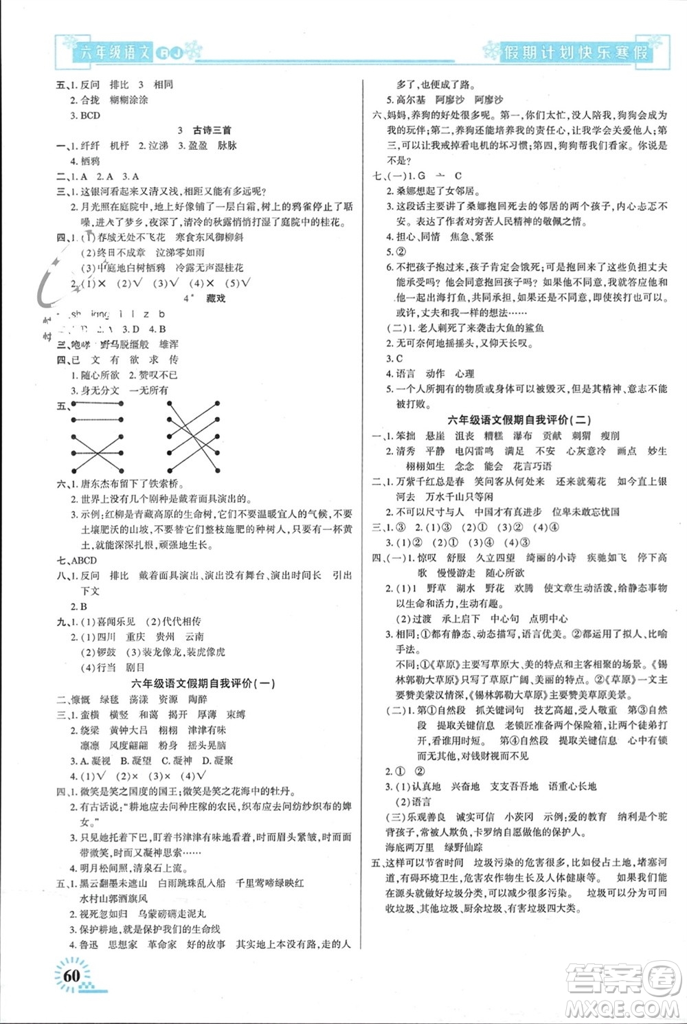 新疆文化出版社2024快樂寒假假期計(jì)劃六年級(jí)語文人教版參考答案