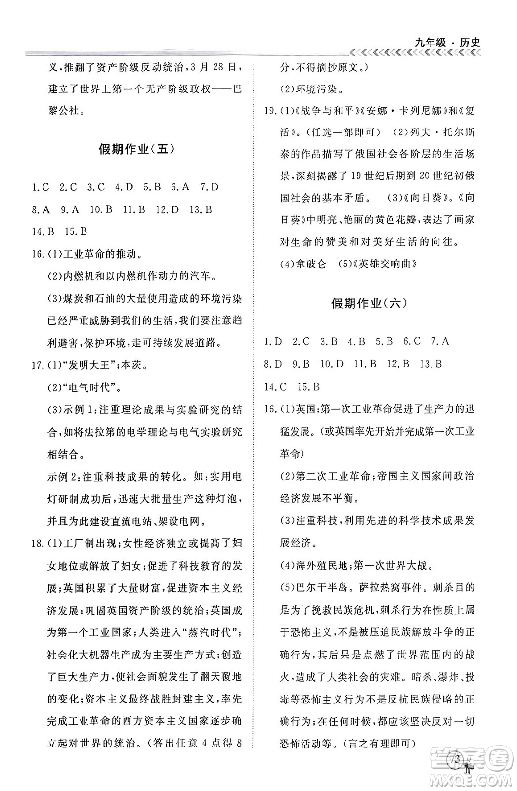 四川大學(xué)出版社2024假期沖冠學(xué)期系統(tǒng)總復(fù)習(xí)假期必備九年級歷史通用版答案