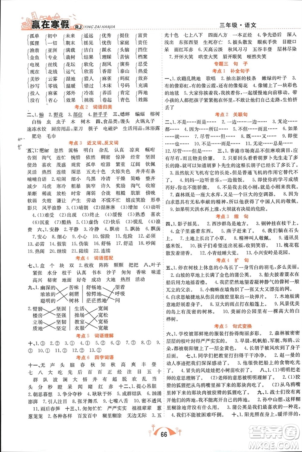 合肥工業(yè)大學出版社2024贏在寒假期末闖關三年級語文人教版參考答案