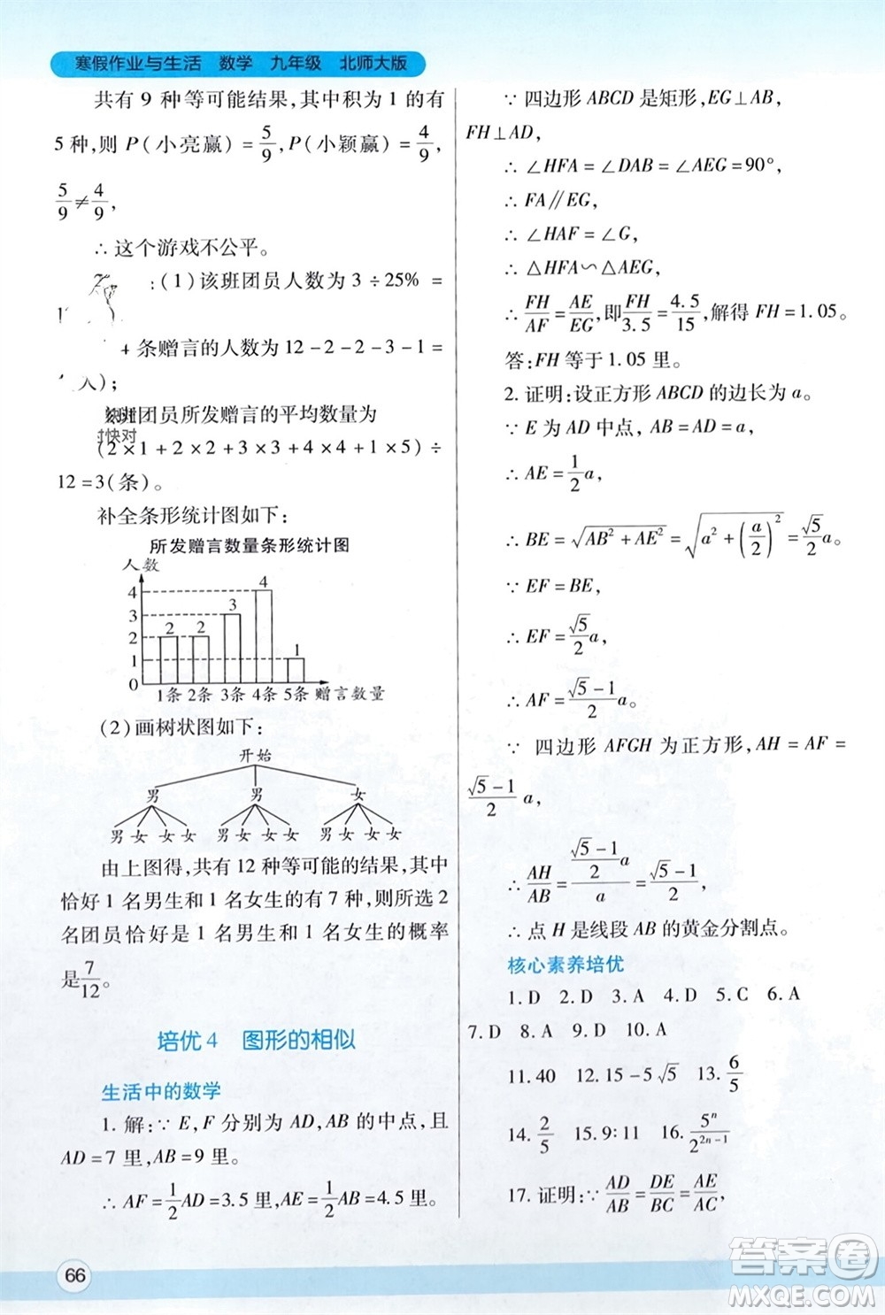 陜西師范大學(xué)出版總社有限公司2024寒假作業(yè)與生活九年級數(shù)學(xué)北師大版參考答案