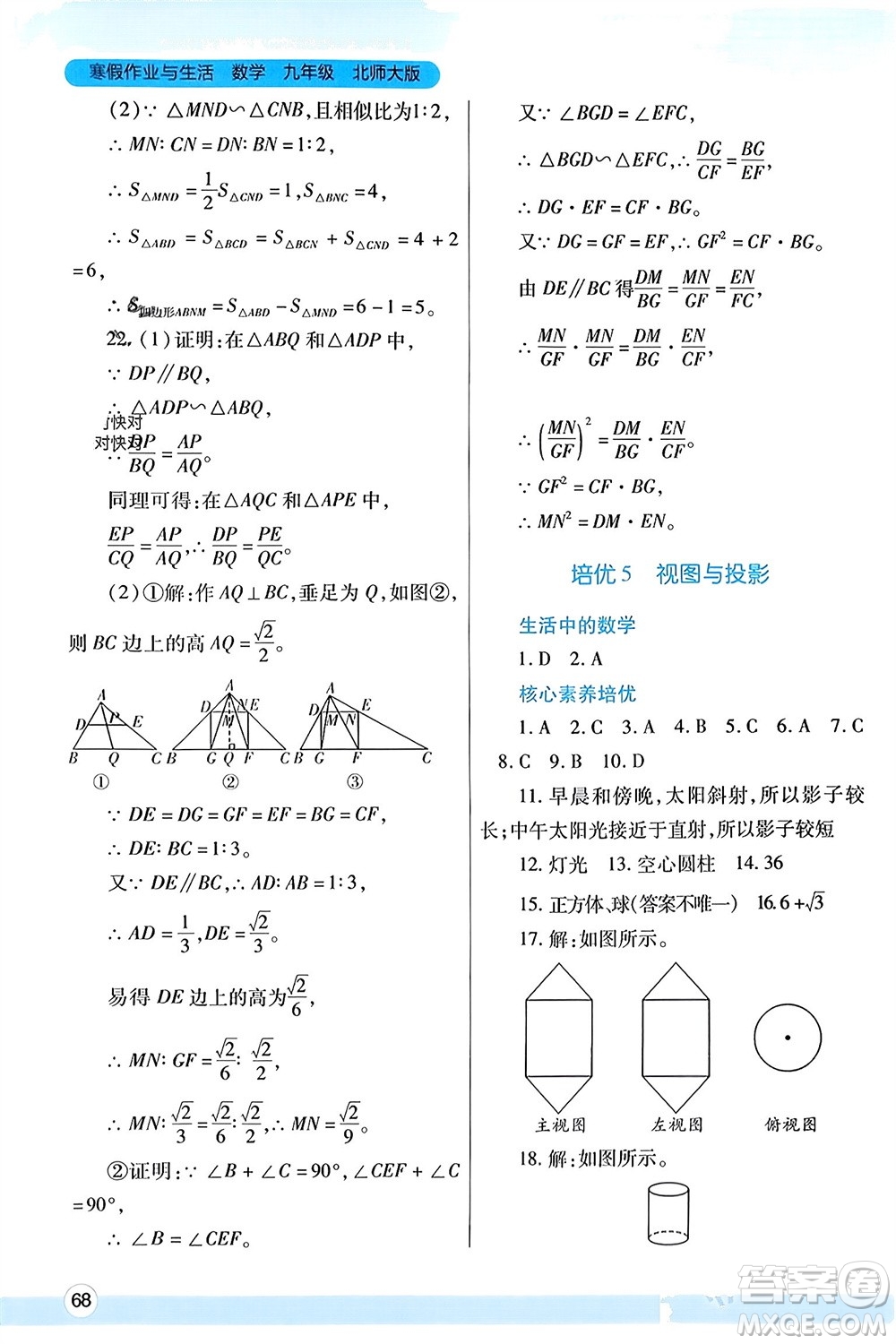 陜西師范大學(xué)出版總社有限公司2024寒假作業(yè)與生活九年級數(shù)學(xué)北師大版參考答案