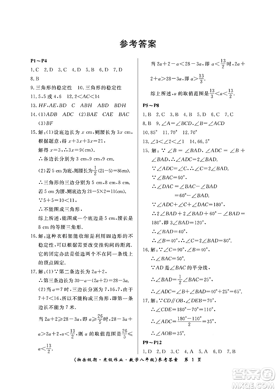 湖南大學出版社2024北京央教湘岳假期寒假作業(yè)八年級數學人教版答案