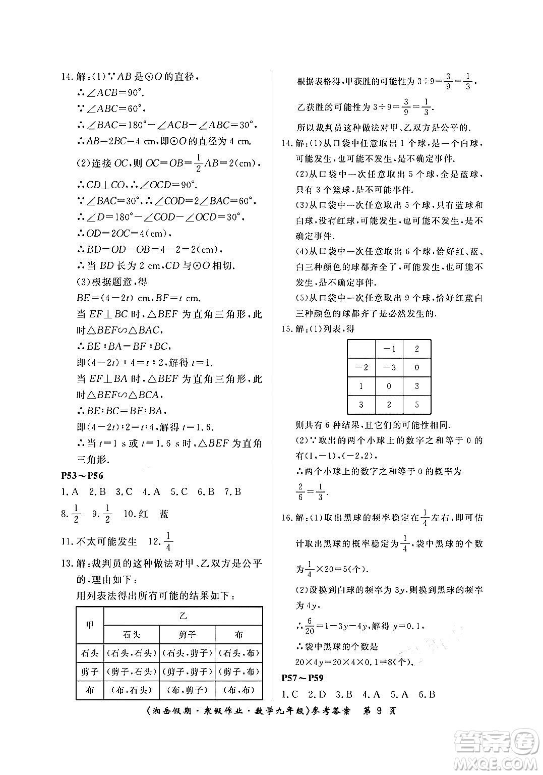 湖南大學出版社2024北京央教湘岳假期寒假作業(yè)九年級數(shù)學人教版答案