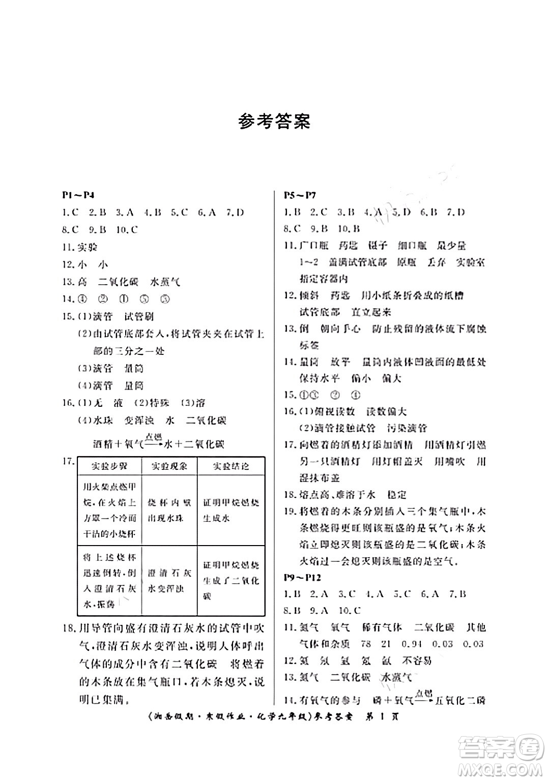 湖南大學(xué)出版社2024北京央教湘岳假期寒假作業(yè)九年級(jí)化學(xué)人教版答案