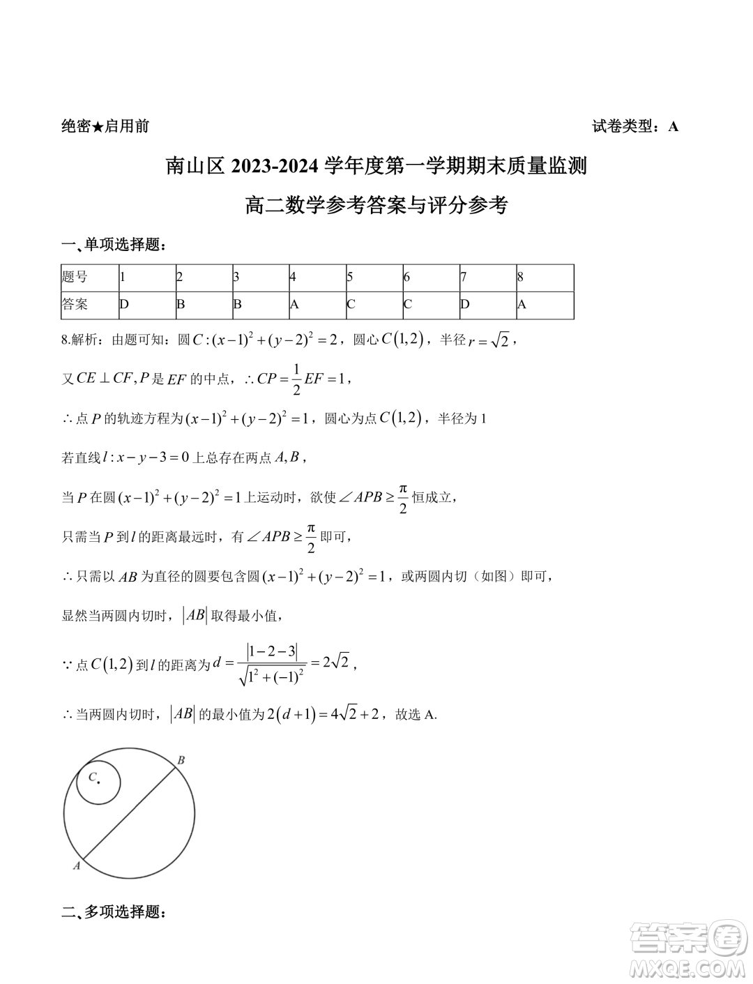 深圳南山區(qū)2023-2024學(xué)年高二上學(xué)期期末質(zhì)量監(jiān)測(cè)數(shù)學(xué)試題答案