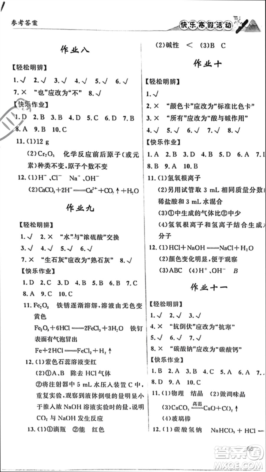 內(nèi)蒙古人民出版社2024快樂寒假活動(dòng)九年級(jí)化學(xué)通用版參考答案