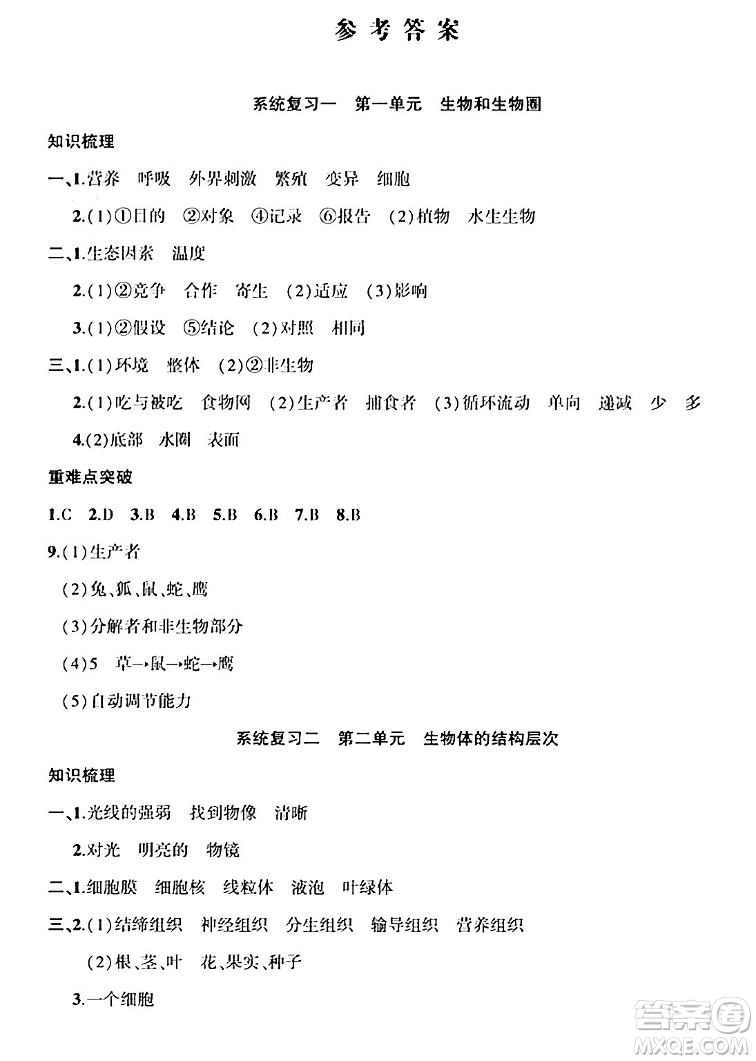 安徽大學(xué)出版社2024假期總動(dòng)員寒假必刷題七年級(jí)生物人教版答案