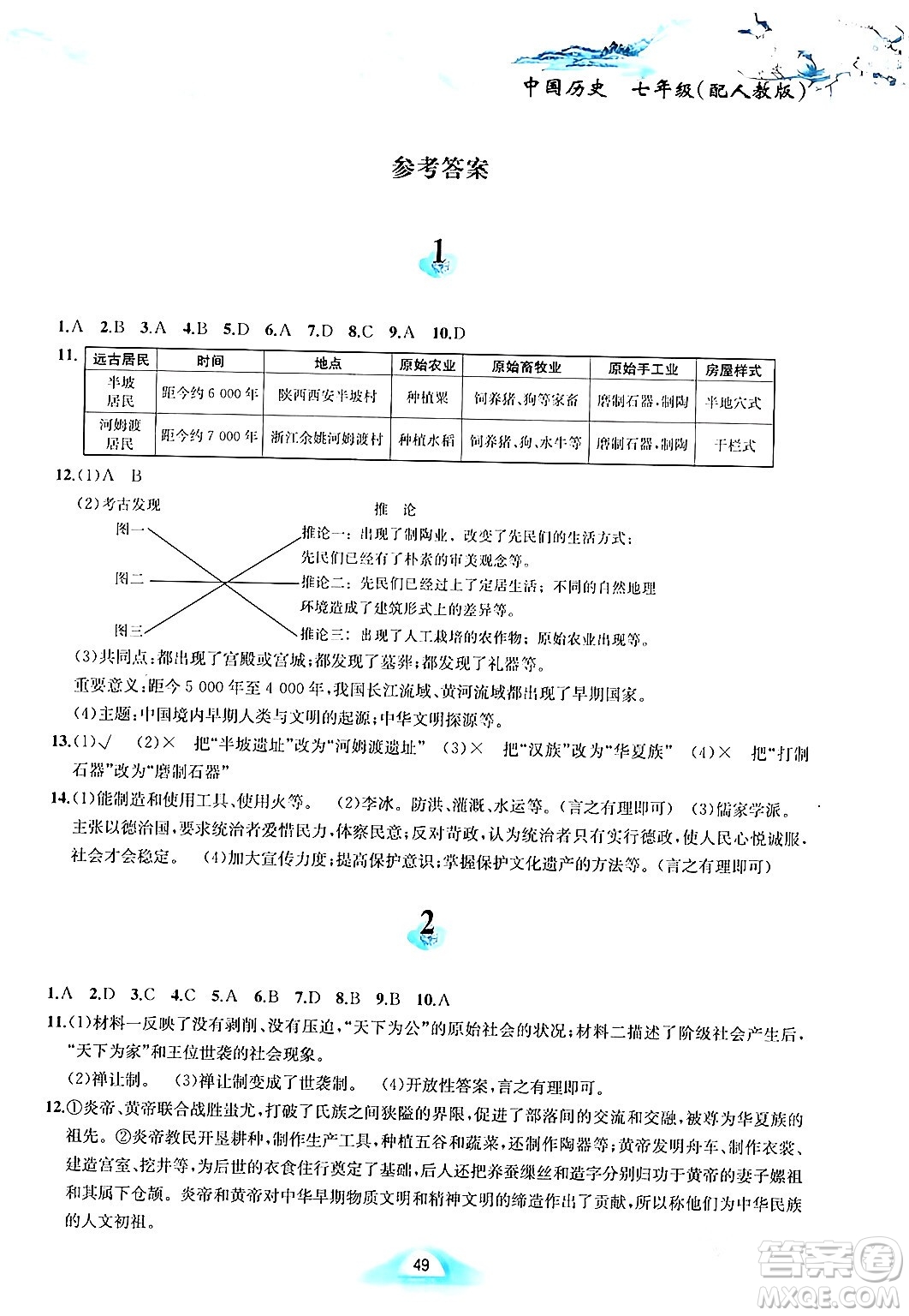 黃山書社2024寒假作業(yè)七年級歷史人教版答案