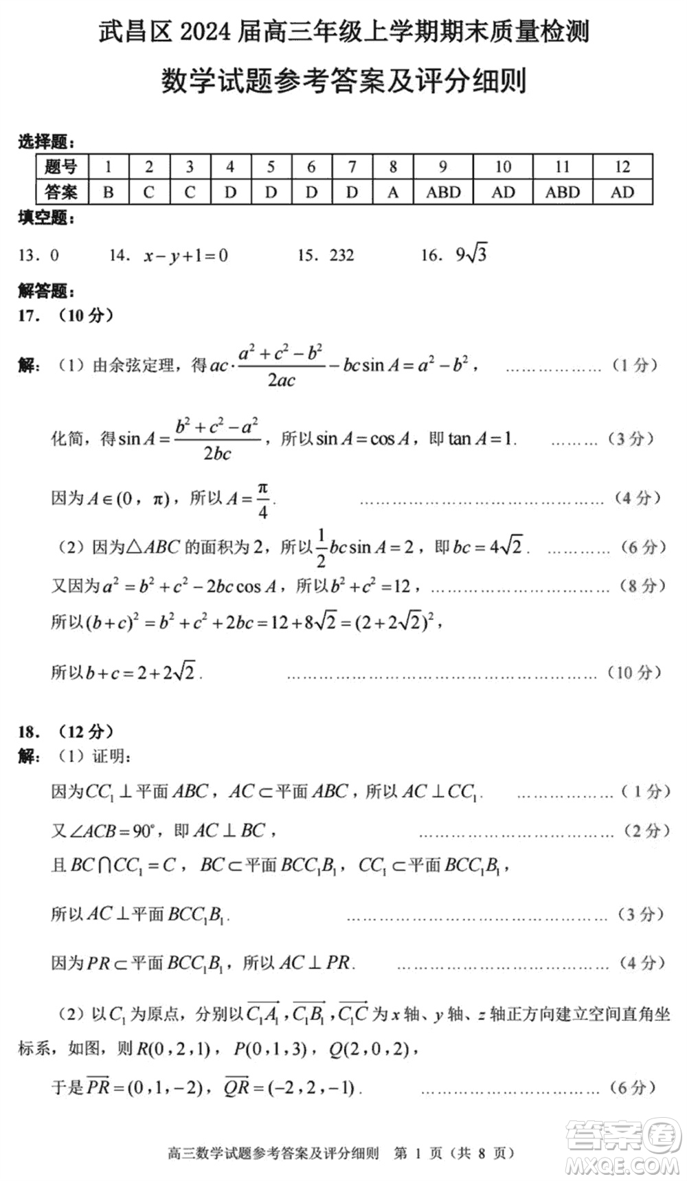 武漢市武昌區(qū)2024屆高三上學(xué)期期末考試質(zhì)量檢測數(shù)學(xué)參考答案