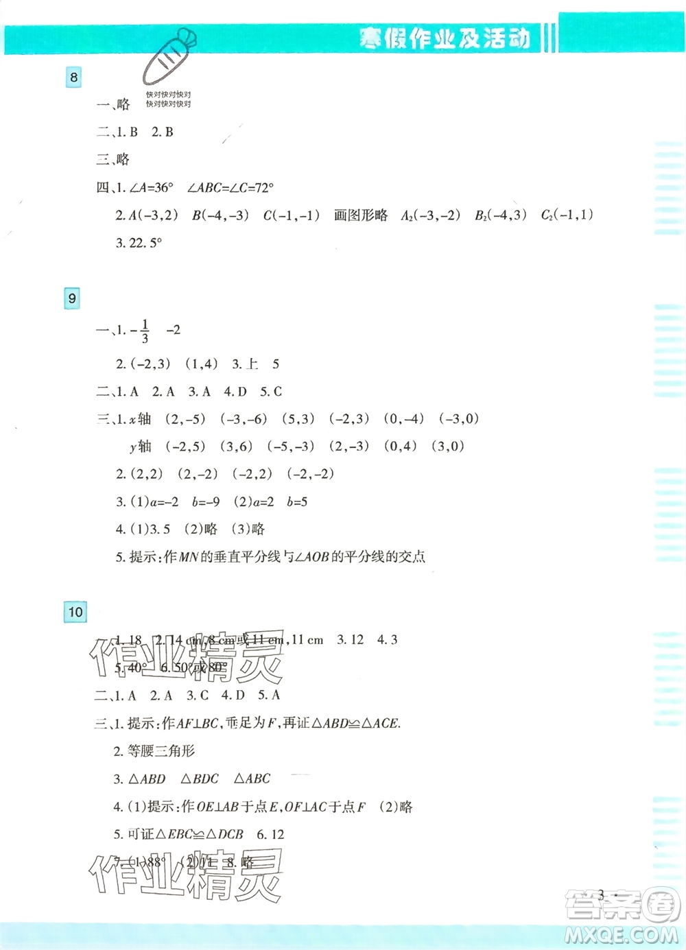 新疆文化出版社2024寒假作業(yè)及活動(dòng)八年級(jí)數(shù)學(xué)通用版參考答案