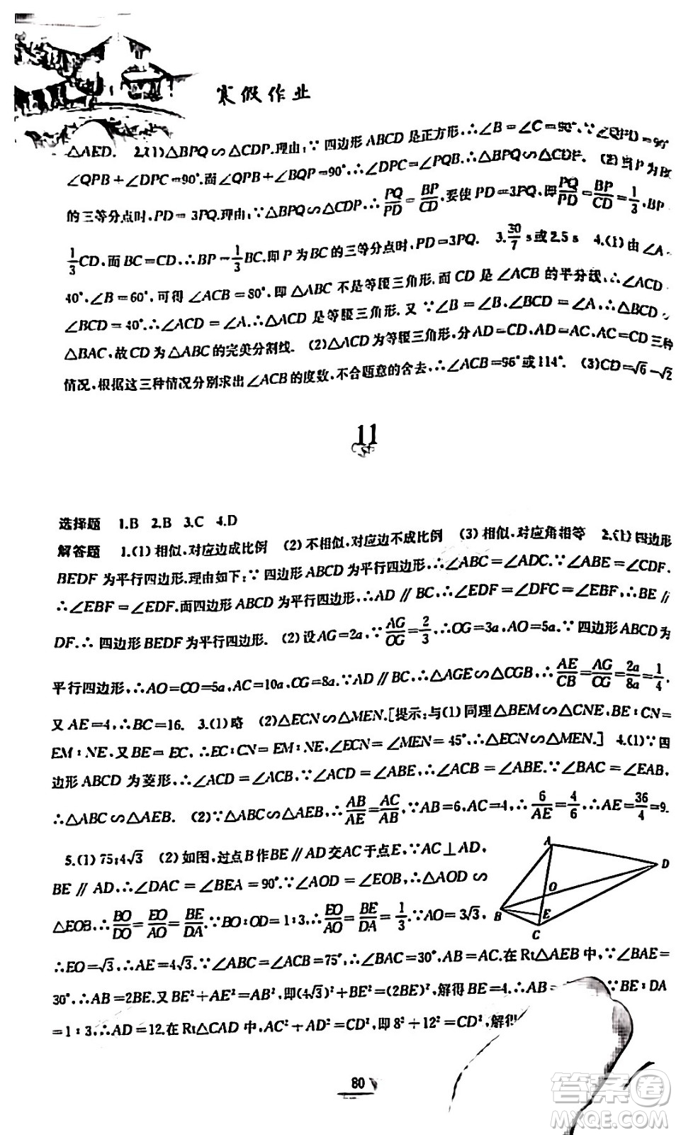 黃山書社2024寒假作業(yè)九年級(jí)數(shù)學(xué)滬科版答案