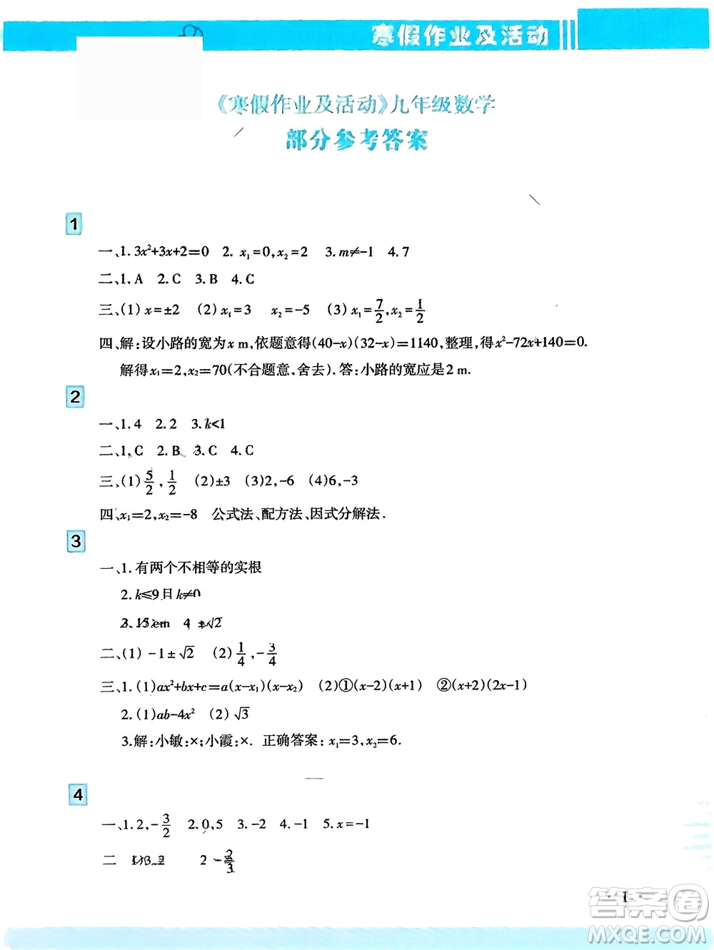 新疆文化出版社2024寒假作業(yè)及活動九年級數(shù)學(xué)通用版參考答案