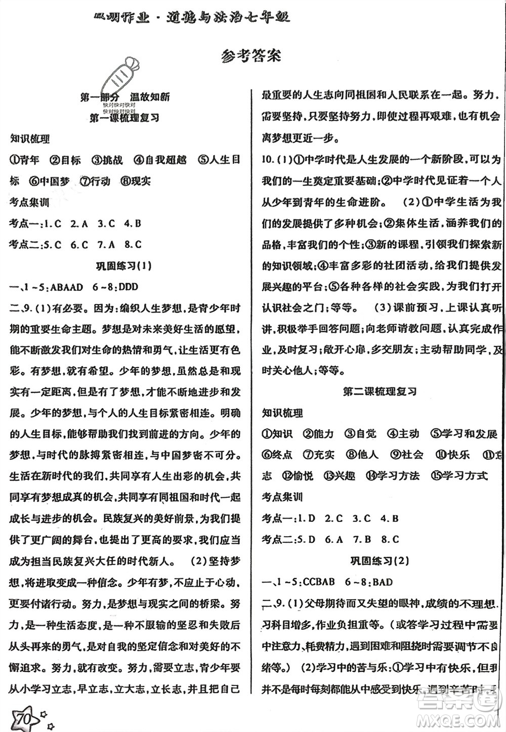 河北科學(xué)技術(shù)出版社2024輕松總復(fù)習(xí)假期作業(yè)輕松寒假七年級道德與法治通用版參考答案