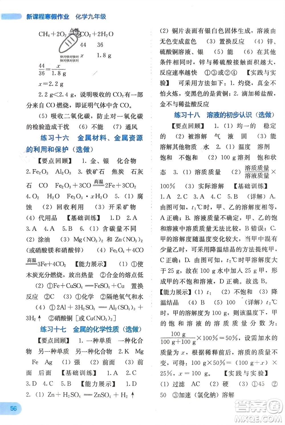 廣西教育出版社2024新課程寒假作業(yè)九年級(jí)化學(xué)通用版參考答案