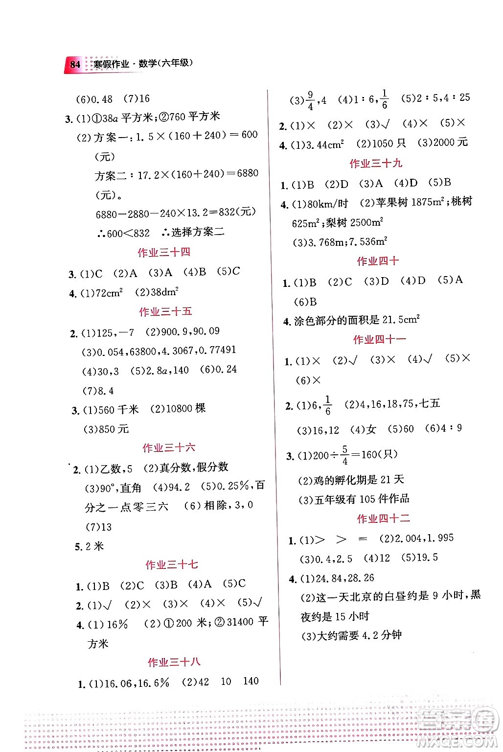 教育科學(xué)出版社2024寒假作業(yè)六年級(jí)數(shù)學(xué)通用版答案