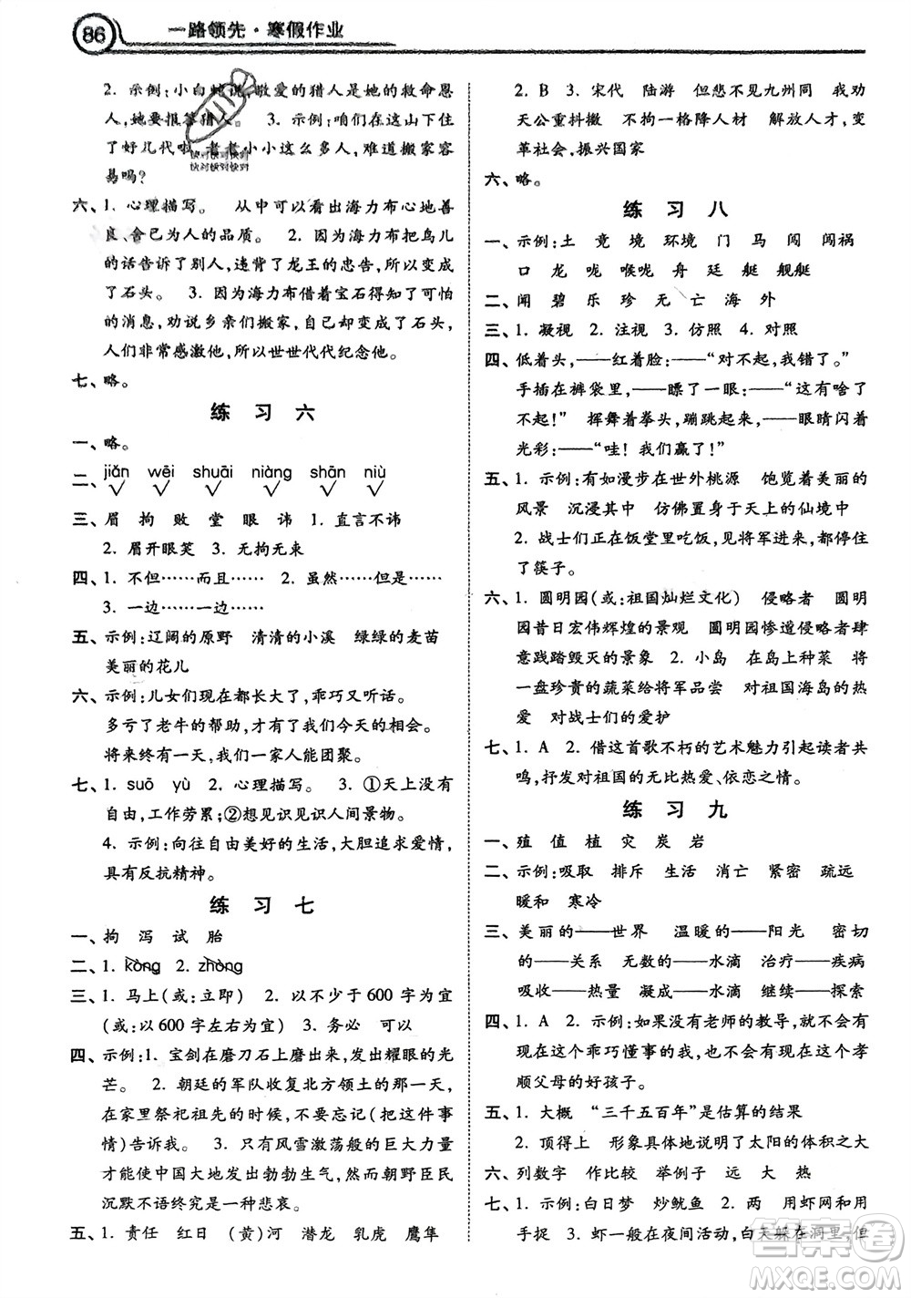 河北美術(shù)出版社2024一路領(lǐng)先寒假作業(yè)五年級(jí)語(yǔ)文通用版參考答案