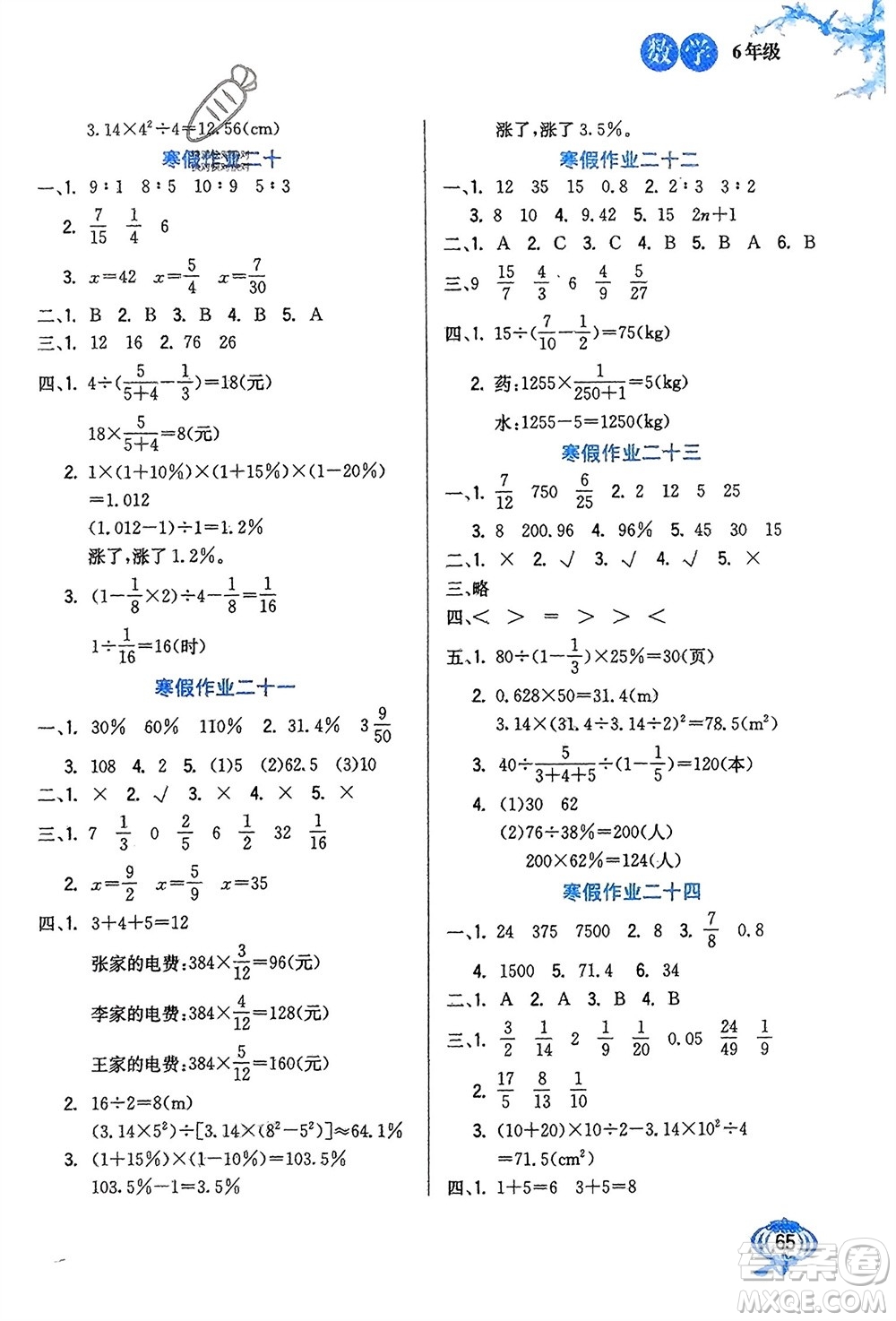 河北美術(shù)出版社2024卓遠(yuǎn)寒假生活六年級(jí)數(shù)學(xué)通用版參考答案