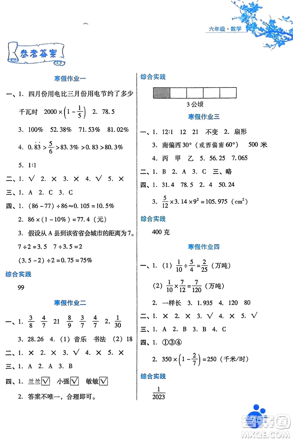 河北少年兒童出版社2024寒假生活六年級(jí)數(shù)學(xué)通用版參考答案