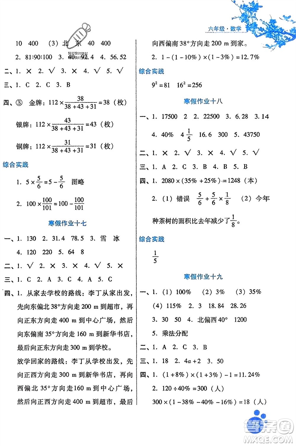 河北少年兒童出版社2024寒假生活六年級(jí)數(shù)學(xué)通用版參考答案