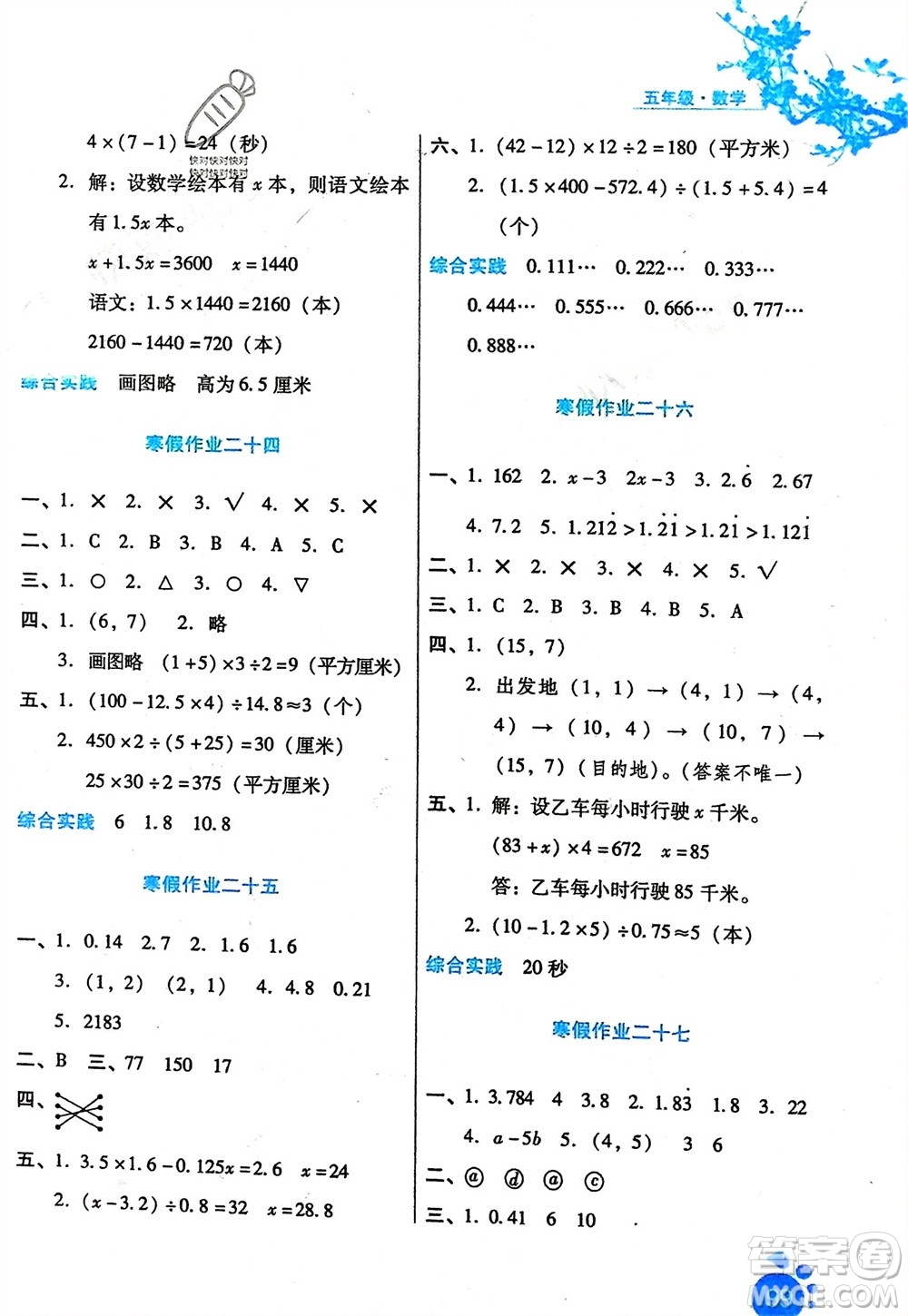 河北人民出版社2024寒假生活五年級數(shù)學通用版參考答案