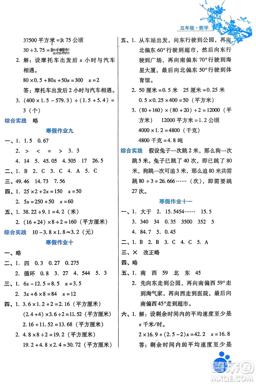 河北少年兒童出版社2024寒假生活五年級數(shù)學(xué)冀教版參考答案