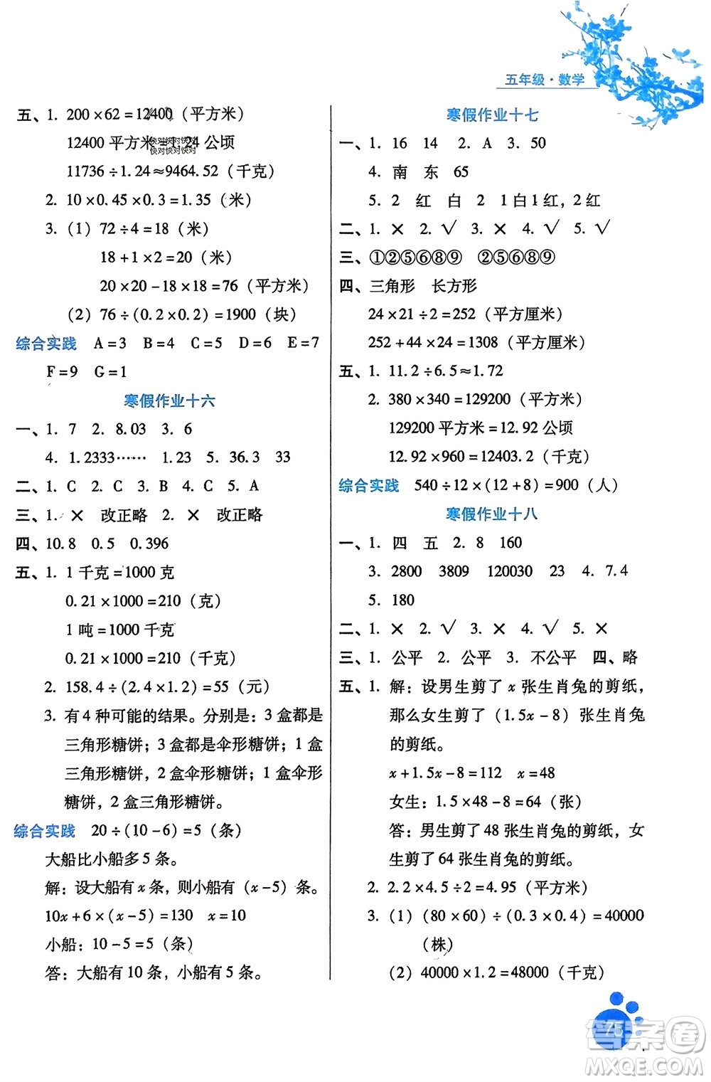 河北少年兒童出版社2024寒假生活五年級數(shù)學(xué)冀教版參考答案