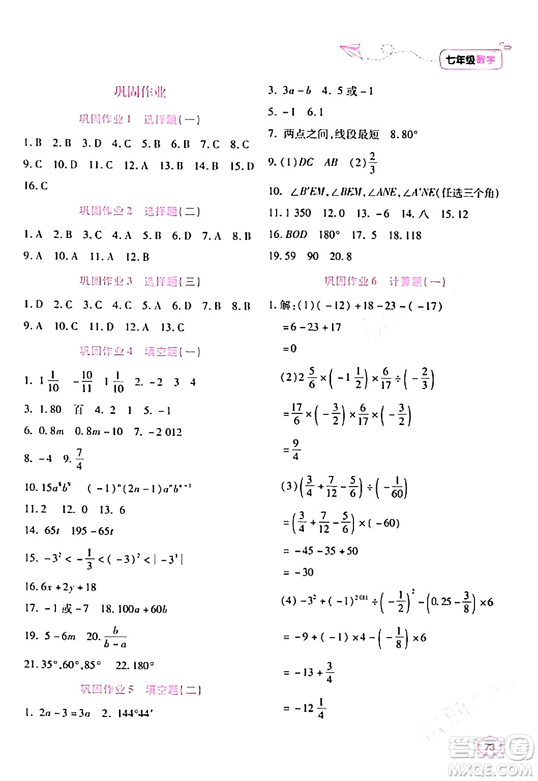 北京教育出版社2024新課標(biāo)寒假樂(lè)園七年級(jí)數(shù)學(xué)通用版答案