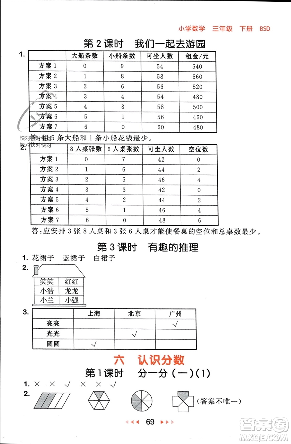 首都師范大學(xué)出版社2024年春53隨堂測三年級數(shù)學(xué)下冊北師大版參考答案