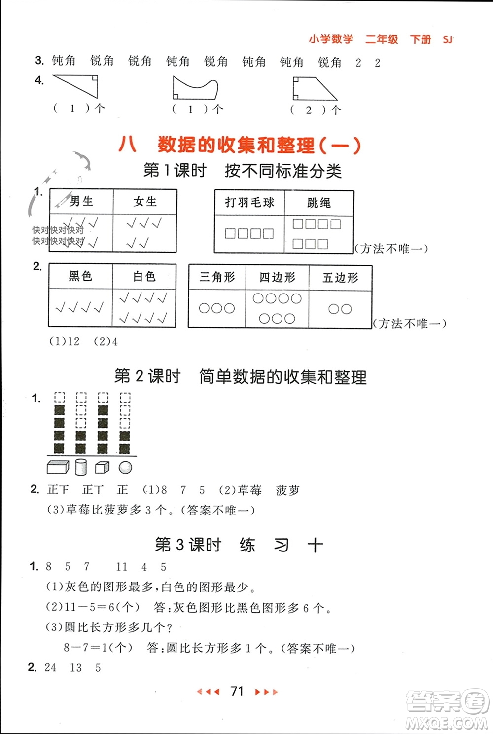 首都師范大學出版社2024年春53隨堂測二年級數(shù)學下冊蘇教版參考答案