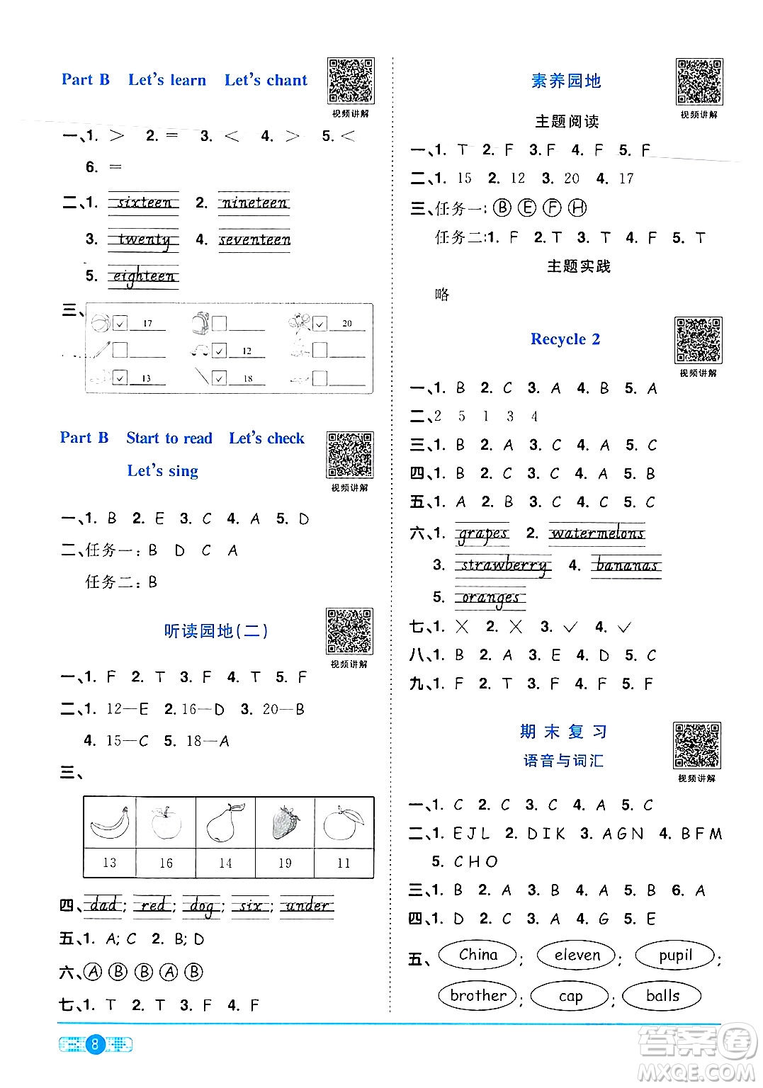 江西教育出版社2024年春陽光同學(xué)課時(shí)優(yōu)化作業(yè)三年級(jí)英語下冊人教版答案