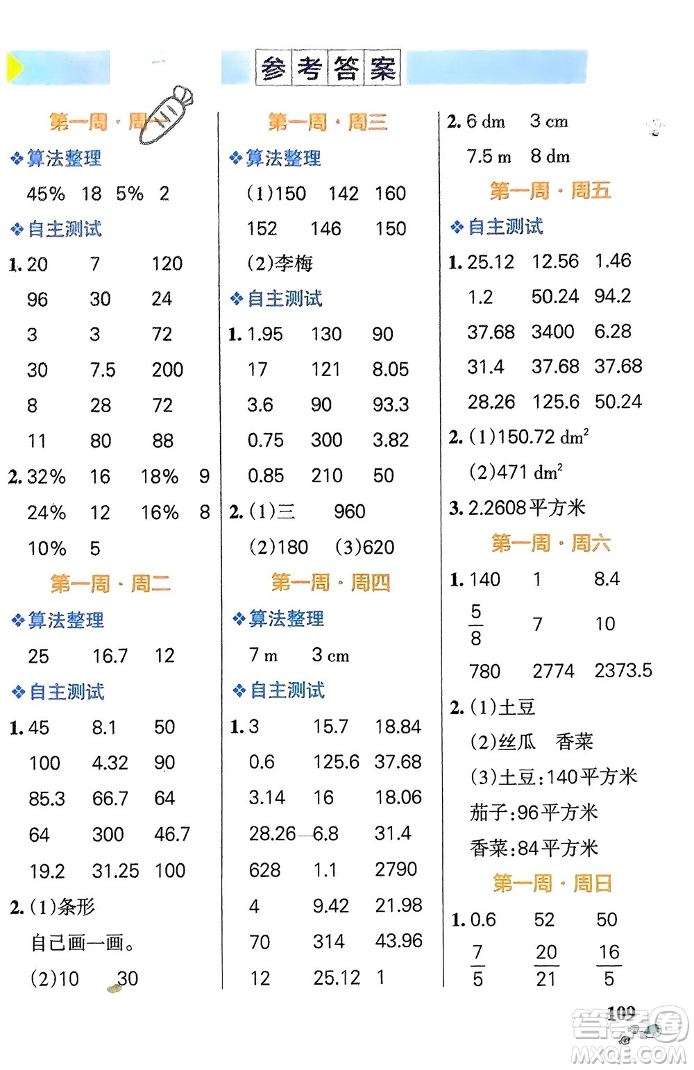 遼寧教育出版社2024年春小學(xué)學(xué)霸天天計(jì)算六年級數(shù)學(xué)下冊蘇教版參考答案