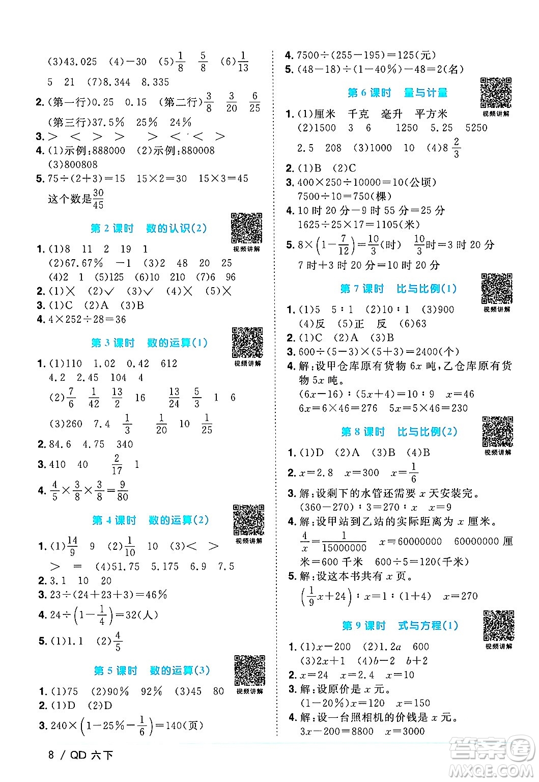 江西教育出版社2024年春陽(yáng)光同學(xué)課時(shí)優(yōu)化作業(yè)六年級(jí)數(shù)學(xué)下冊(cè)青島版答案