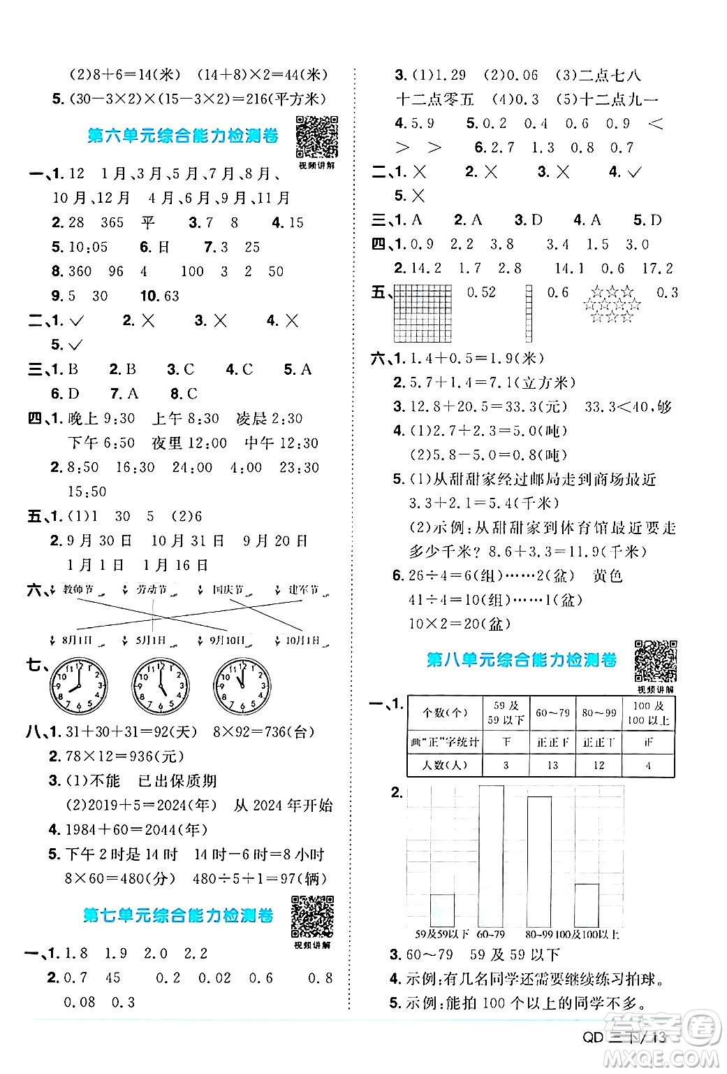 江西教育出版社2024年春陽光同學課時優(yōu)化作業(yè)三年級數(shù)學下冊青島版山東專版答案