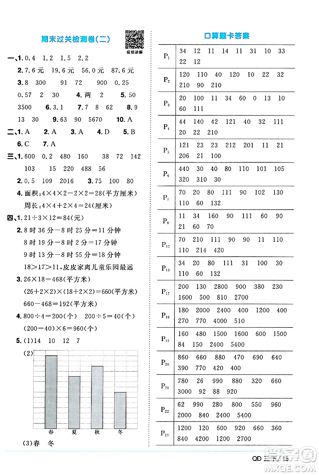 江西教育出版社2024年春陽光同學課時優(yōu)化作業(yè)三年級數(shù)學下冊青島版山東專版答案