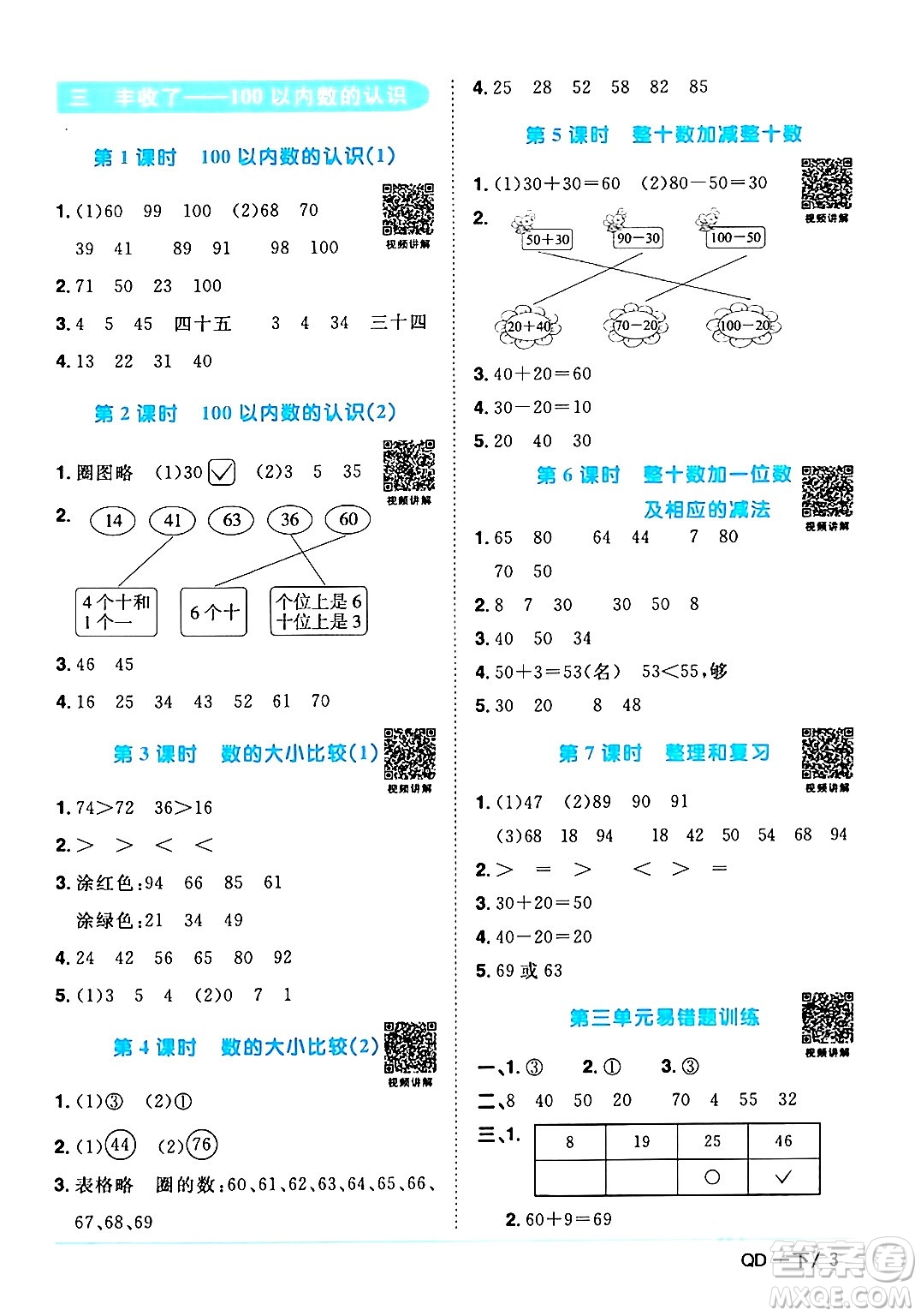 江西教育出版社2024年春陽光同學(xué)課時優(yōu)化作業(yè)一年級數(shù)學(xué)下冊青島版答案