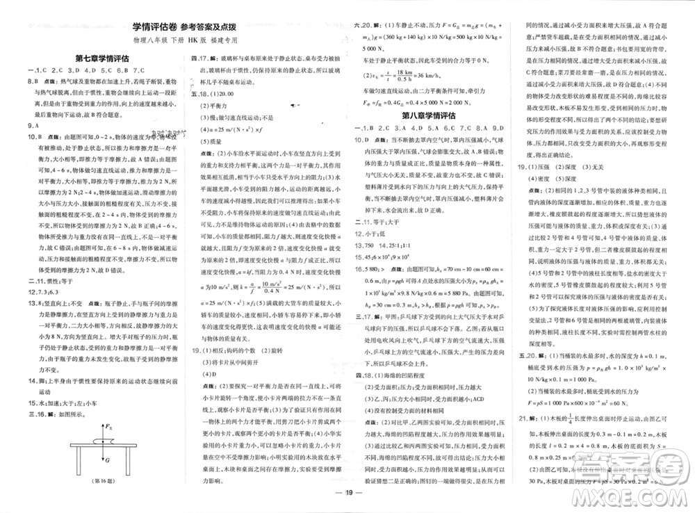 山西教育出版社2024年春榮德基點撥訓(xùn)練八年級物理下冊滬科版參考答案