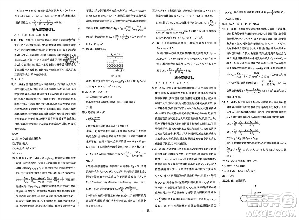 山西教育出版社2024年春榮德基點撥訓(xùn)練八年級物理下冊滬科版參考答案