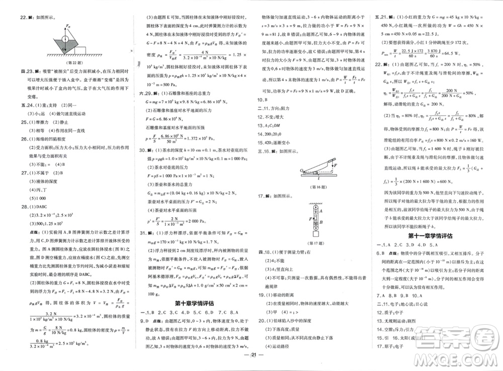 山西教育出版社2024年春榮德基點撥訓(xùn)練八年級物理下冊滬科版參考答案